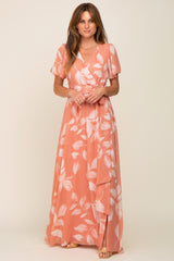 Salmon Leaf Print Chiffon V-Neck Front Slit Maternity Dress