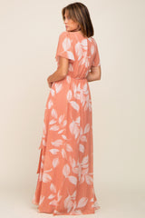 Salmon Leaf Print Chiffon V-Neck Front Slit Dress