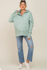 Mint Green Button Front Ribbed Trim Maternity Hooded Sweatshirt