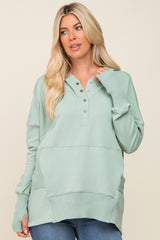 Mint Green Button Front Ribbed Trim Maternity Hooded Sweatshirt