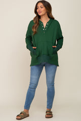 Forest Green Button Front Ribbed Trim Maternity Hooded Sweatshirt