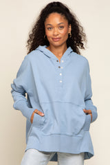 Light Blue Button Front Ribbed Trim Maternity Hooded Sweatshirt