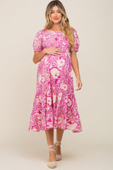 Magenta Floral Tiered Maternity Midi Dress