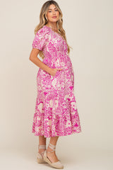 Magenta Floral Tiered Maternity Midi Dress