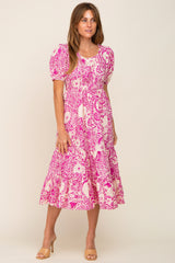 Magenta Floral Tiered Midi Dress