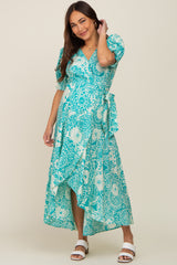 Teal Floral Paisley Wrap Maternity Dress