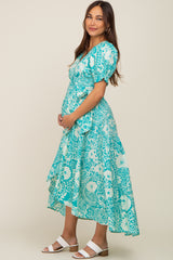 Teal Floral Paisley Wrap Maternity Dress