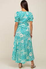 Teal Floral Paisley Wrap Maternity Dress