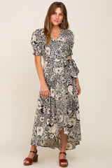 Black Floral Paisley Wrap Maternity Dress