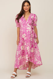 Magenta Floral Paisley Wrap Maternity Dress