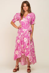 Magenta Floral Paisley Wrap Maternity Dress