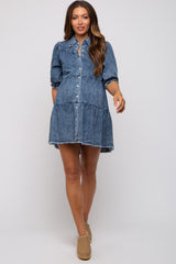 Blue Chambray Maternity Tiered Shirt Dress