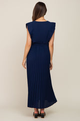 Navy Pleated Waist Tie Maternity Maxi Dress