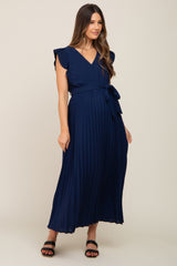 Navy Pleated Waist Tie Maternity Maxi Dress