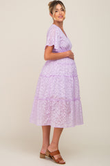 Lavender Chiffon Animal Print Tiered Maternity Midi Dress