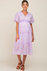 Lavender Chiffon Animal Print Tiered Maternity Midi Dress