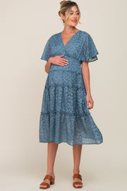 Blue Chiffon Animal Print Tiered Maternity Midi Dress