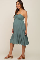 Light Olive Smocked Ruffle Accent Maternity Midi Dress