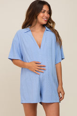 Blue Terry Cloth Collared Maternity Romper