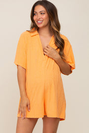 Orange Terry Cloth Collared Maternity Romper