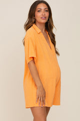 Orange Terry Cloth Collared Maternity Romper