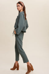 Hunter Green Long Sleeve Button Down And Long Pants Sets