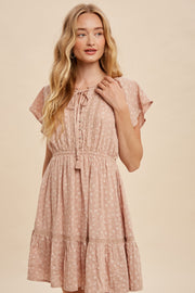 Dusty Pink Floral Tassel Tie Neck Mini Dress