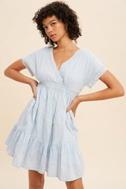 Powder Blue Surplice Tiered Mini Dress