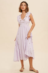 Pale Lilac All Over Floral Embroidered V Neck Midi Dress