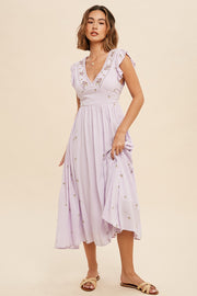 Pale Lilac All Over Floral Embroidered V Neck Midi Dress