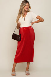 Rust Red Pleated Side Slit Maternity Midi Skirt