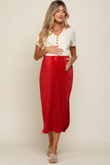 Rust Red Pleated Side Slit Maternity Midi Skirt