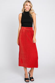 Rust Red Pleated Side Slit Midi Skirt