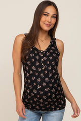 Black Floral Ribbed Sleeveless Maternity Top