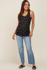 Black Floral Ribbed Sleeveless Maternity Top