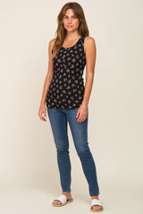 Black Floral Ribbed Sleeveless Top