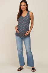 Teal Floral Ribbed Sleeveless Maternity Top