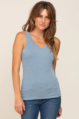 Blue Ribbed V-Neck Sleeveless Maternity Top