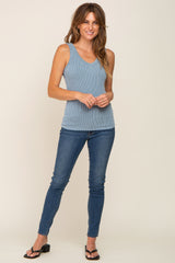 Blue Ribbed V-Neck Sleeveless Top