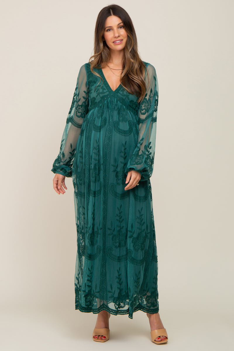 PinkBlush Emerald Green Lace Mesh Overlay Long Sleeve Maternity Maxi D