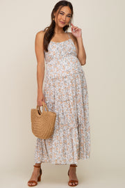 Ivory Floral Ruffle Tiered Maternity Midi Dress