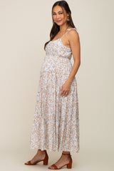 Ivory Floral Ruffle Tiered Maternity Midi Dress