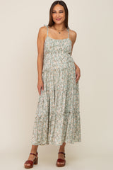 Mint Green Floral Ruffle Tiered Maternity Midi Dress