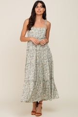 Mint Green Floral Ruffle Tiered Midi Dress