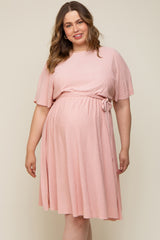 Pink Crepe Textured Waist Tie Maternity Plus Dress