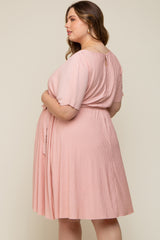 Pink Crepe Textured Waist Tie Maternity Plus Dress