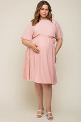 Pink Crepe Textured Waist Tie Maternity Plus Dress