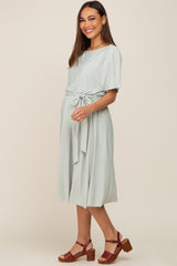 Mint Green Crinkle Knit Tie Waist Short Sleeve Maternity Dress