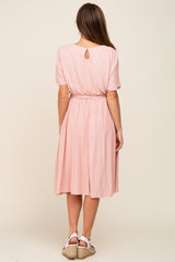 Pink Crinkle Knit Tie Waist Short Sleeve Dress