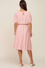 Pink Crinkle Knit Tie Waist Short Sleeve Maternity Dress